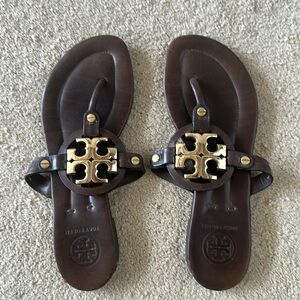 Dark Brown and gold Tory Burch Miller sandals